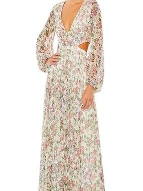 Mac Duggal Floral Maxi Dress in Ivory with Pink and Green Accents